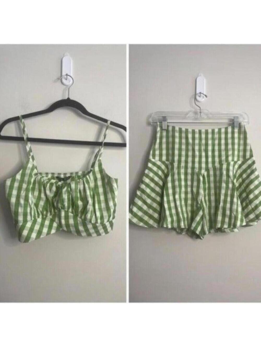 Shein Green Gingham Crop Top and Flowy Short Romper 2 Piece Set Cottagecore